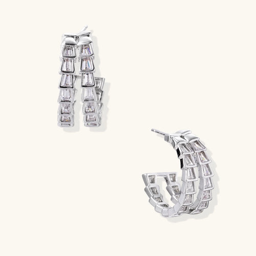 White gold-plated hoop earrings with double row of baguette-cut zirconia stones in geometric ladder design