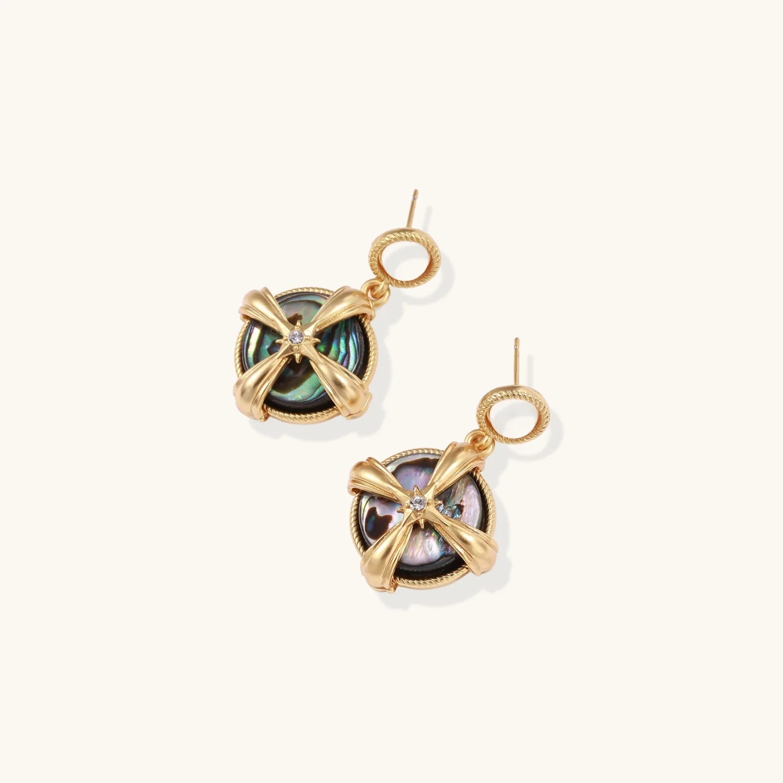 Gold-plated drop earrings with iridescent abalone shell and pearl studs in geometric cross design