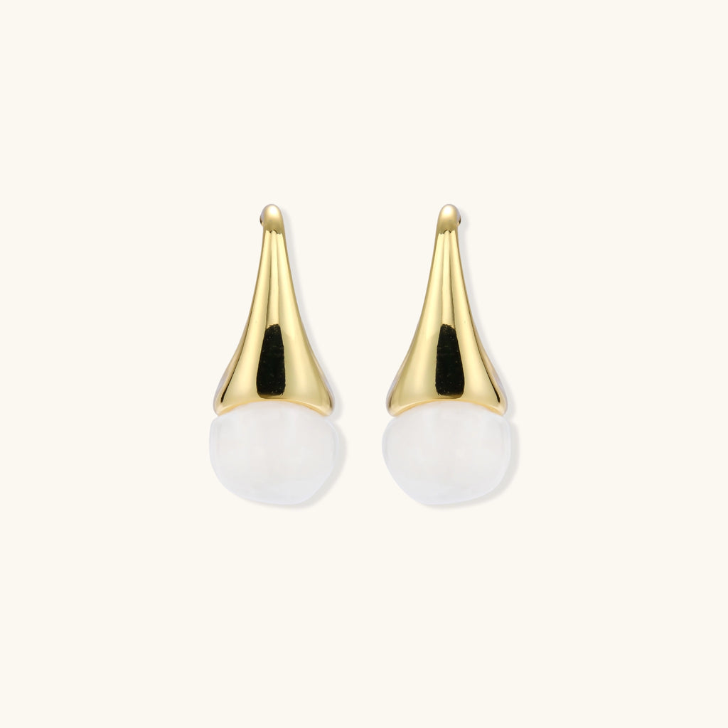 Pair of small gold-plated hoop earrings with triangular cone fronts and curved backs on white background.